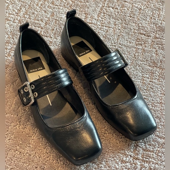 Dolce Vita Arora Black Leather Flats with Silver Buckle, Square Toe, Ballet, 6 - Picture 2 of 15